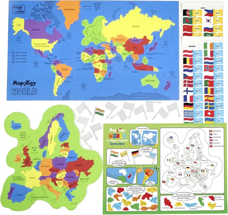 Imagimake Mapology USA & World Map Puzzle with Flags, Capitals, Stickers | Educational Toys for Ages 5-7 | Jigsaw Puzzles for Kids Ages 8-10 | Geography Toys for Age 8-13 | 6 Year Old Boy & Girl Gifts - Image 2